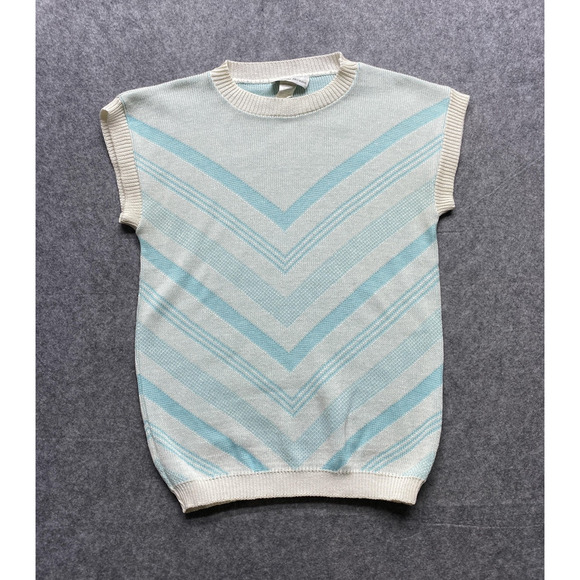 Vintage Separate Scene Sweater Womens Medium Aqua Cream Chevron Cap Sleeve USA - Picture 1 of 8